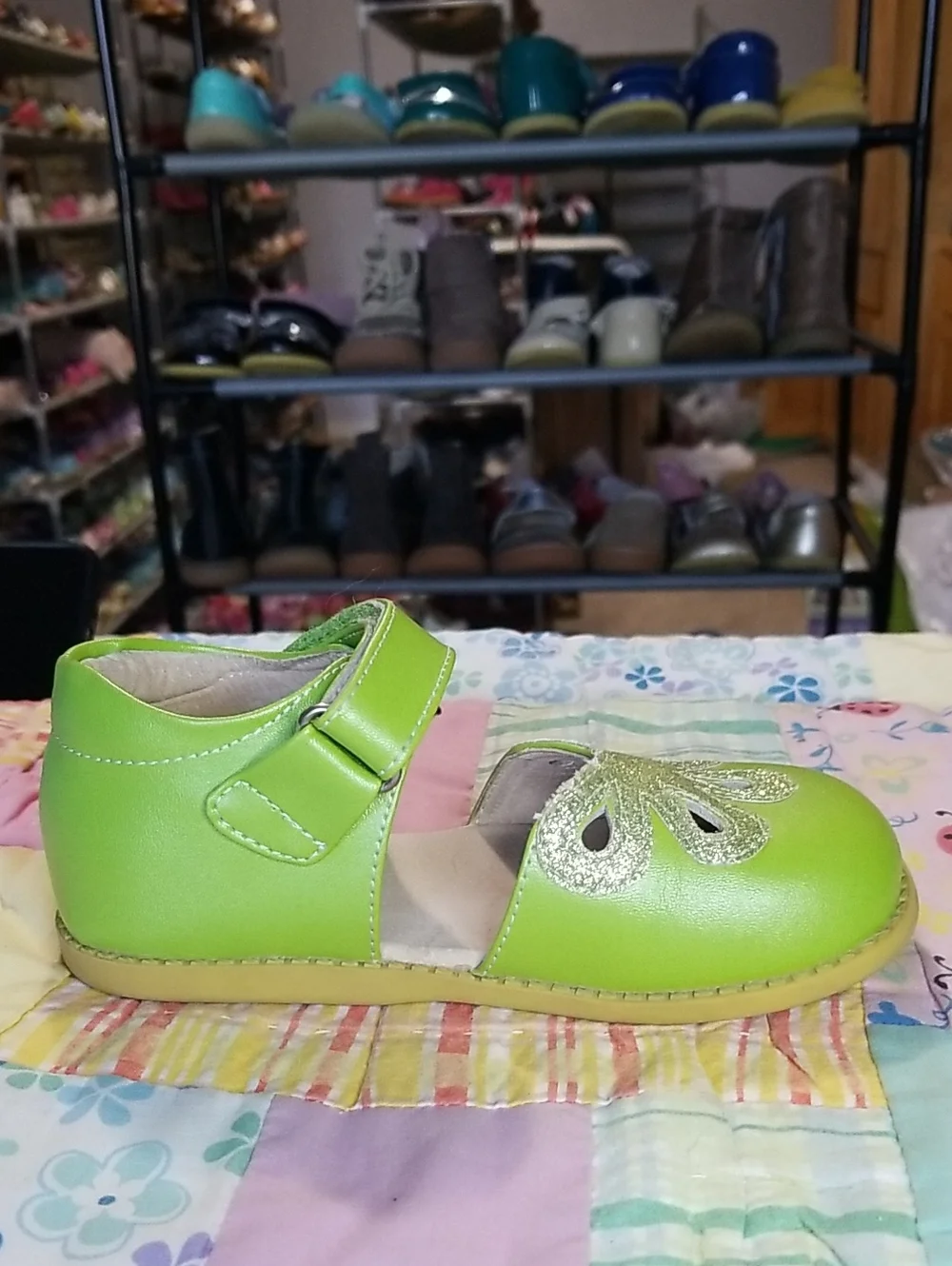 Livie & Luca Lime Green Leather Mary Jane Shoes with Glitter Size 12 Petals
